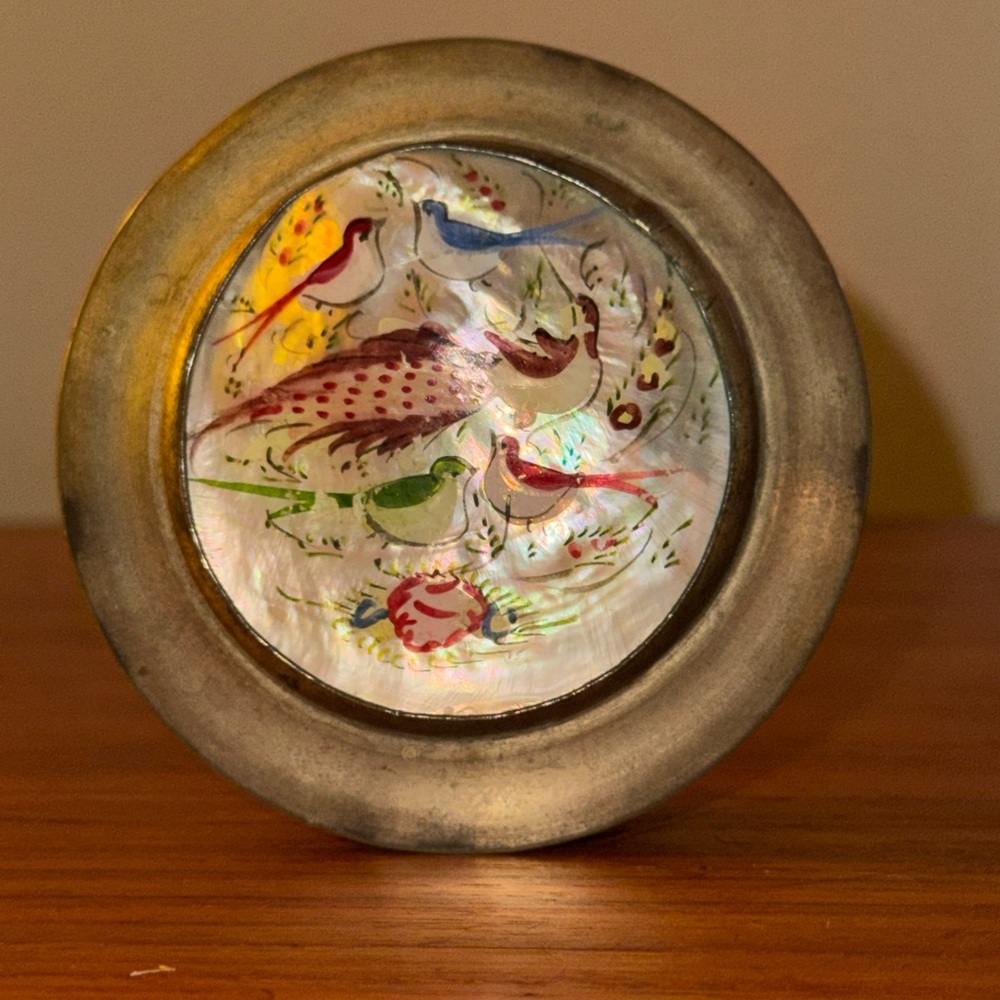 Elegant Multicolor Bird Art silver & mother of pearl pillbox